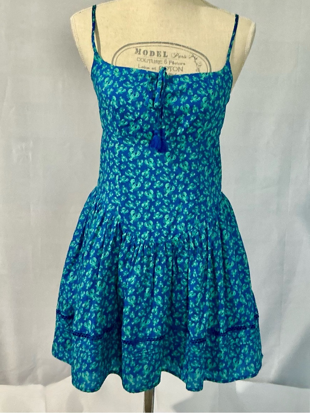 Roller Rabbit Lobster Print Mini Dress Blue Tassel Smocked Back Size Small